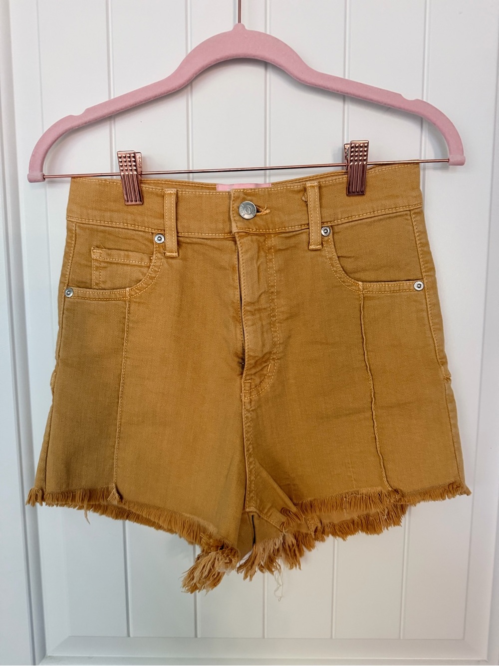 REVICE Mustard High-Rise Frayed Denim Shorts